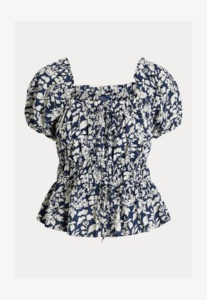 Námornícka blúzka s bielym kvetinovým vzorom, pufové rukávy, smockovaný pás a nastaviteľná šnúrka. Zmes bavlny, textúrovaná tkanina, silueta peplum.