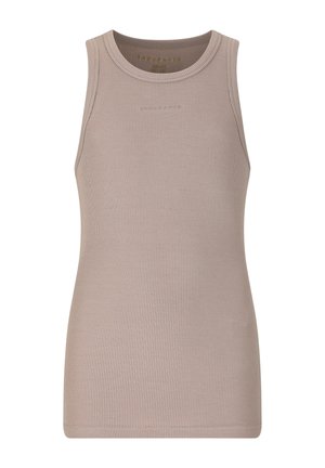Ærmeløs beige ribbet tanktop med rund halsudskæring og subtil tonet logo centreret på brystet.