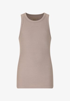 Débardeur beige côtelé sans manches avec col rond et logo ton sur ton discret centré sur la poitrine.