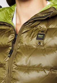 Chaqueta acolchada verde oliva con un forro interior verde claro, que presenta un cierre de cremallera, logotipos y costuras texturizadas a lo largo de las costuras.