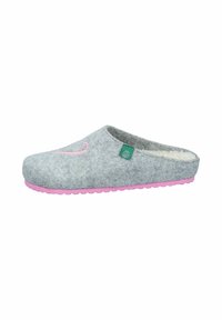 Gray felt slipper with pink rubber sole and detail. Round, slip-on design featuring soft interior and small green logo accent.