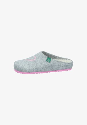 Gray felt slipper with pink rubber sole and detail. Round, slip-on design featuring soft interior and small green logo accent.