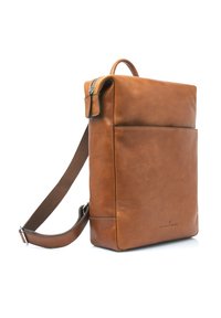 Brown leather messenger bag with a textured finish, single top handle, adjustable strap, and a front zip pocket.