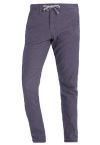 Fialové, texturované kalhoty s elastickým pasem na šňůrku. Přiléhavý střih, délka ke kotníkům. Materiál vypadá jemně a lehce s diskrétními vzory.