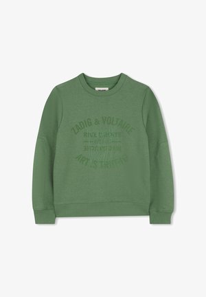 Groene trui met geribbelde manchetten en zoom. Heeft een getextureerde print met de tekst "ZADIG & VOLTAIRE ROCK 'N ROLL" in het midden. Zachte stoftextuur.