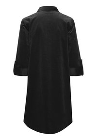 Robe chemise noire à manches longues avec poignets retroussés, un col classique et un ourlet légèrement évasé, vue de dos.