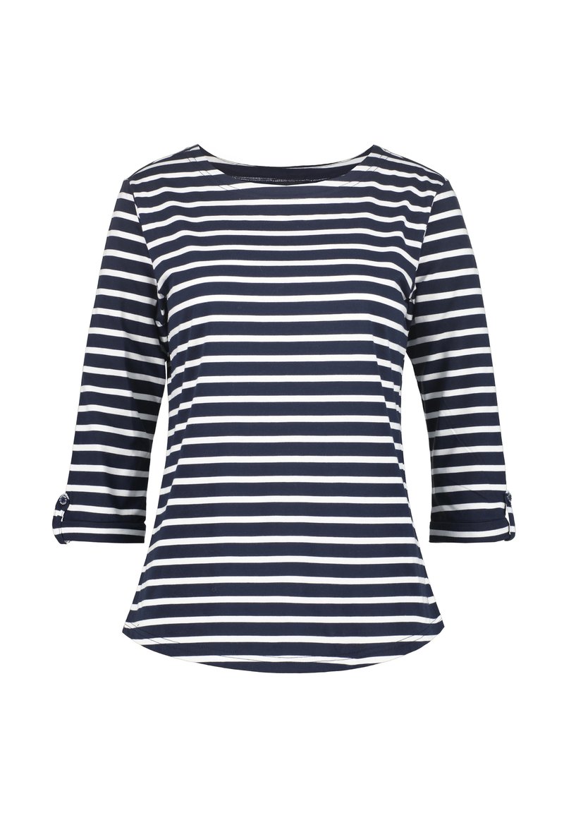 Marineblauwe en witte gestreepte shirt met driekwartmouwen, een bootvormige halslijn en knoopaccenten op de mouwen. Glad stoftextuur.
