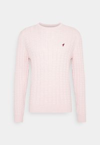 Light pink cable knit sweater with a crew neckline and long sleeves. Features a small embroidered bird logo in burgundy on the chest.