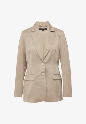 Beżowa marynarka o dopasowanym kroju, wykonana z gładkiego materiału. Posiada klapy ze szpicem, dwa guziki i dwie kieszenie. Czysty i nowoczesny design.