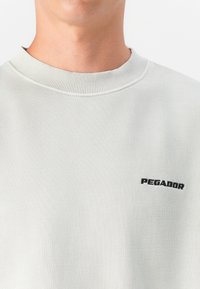 Sweatshirt cinza claro com colarinho canelado, apresentando um logótipo preto "PEGADOR" no lado esquerdo. Textura suave com um design de ajuste descontraído.