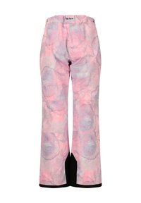 Rosa und lila gemusterte Skihosen mit einem schwarzen Saum am unteren Ende, im weiten Bein-Design und einem elastischen Bund für zusätzlichen Komfort.