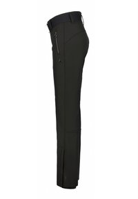 Schwarze, figurbetonte Hosen aus dehnbarem Stoff, mit einer Reißverschlusstasche, horizontalen Nähten und seitlichen Schlitzern am Saum zur Anpassungsfähigkeit.