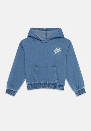 Blå denim hettegenser med snorhette, elastiske mansjetter og hem, med en frontlomme og hvit "Levi's" logo broderi.