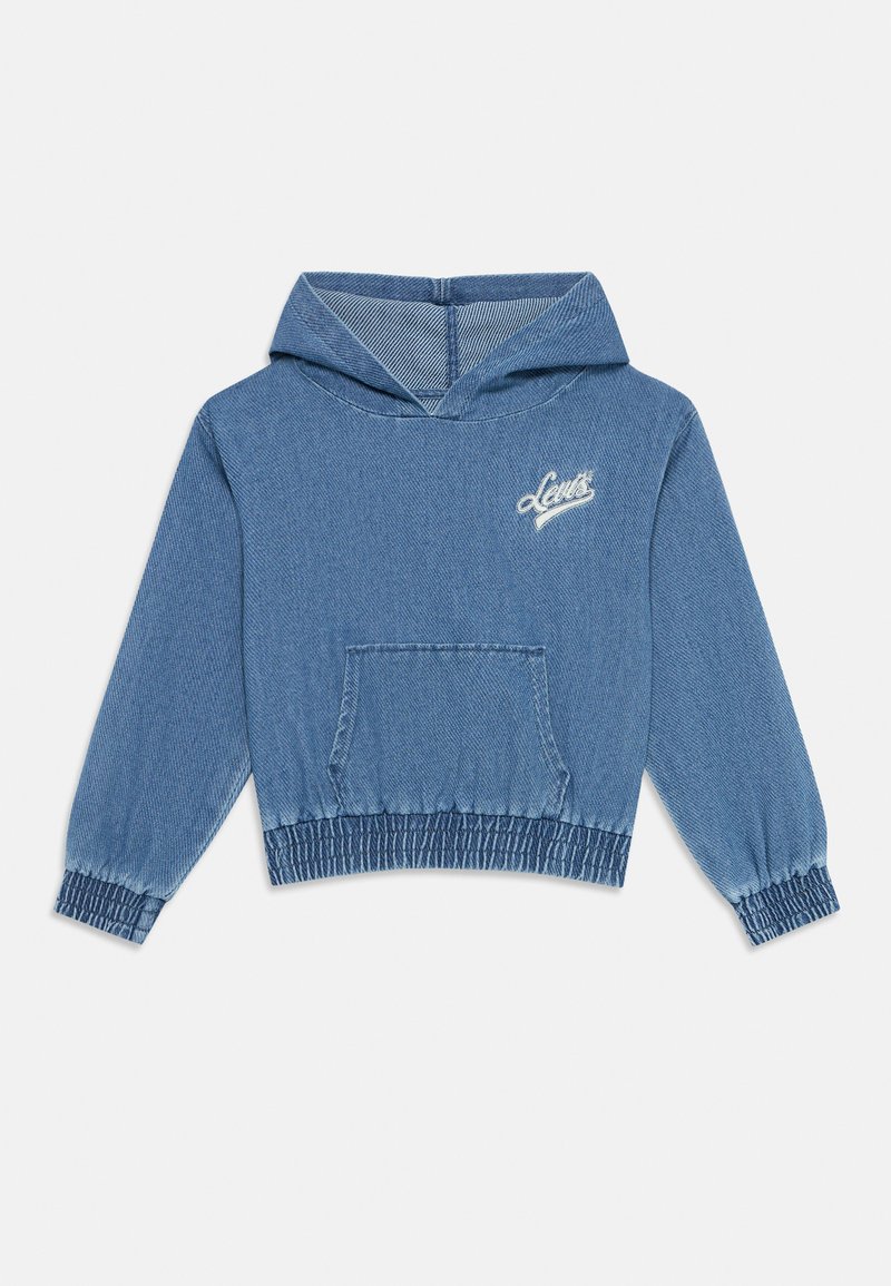 Felpa in denim blu con cappuccio regolabile, polsini e orlo elasticizzati, dotata di una tasca a marsupio frontale e ricamo bianco del logo "Levi's".