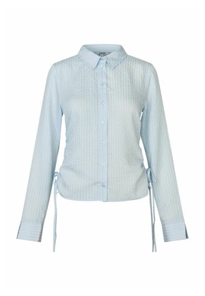 Light blue button-up shirt with long sleeves, textured fabric, vertical stripes, adjustable side ties, and a classic collar.