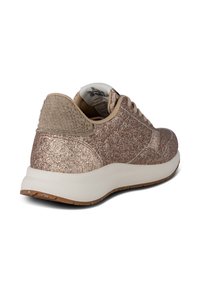 Glittery rose gold sneaker, featuring a textured heel, smooth upper with metallic accents, and a cushioned white sole with a brown outsole.
