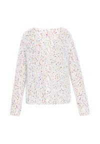 Weißer Cardigan mit V-Ausschnitt und buntem, gesprenkeltem Muster. Verfügt über lange Ärmel und Knöpfe an der Vorderseite. Weiches, strukturiertes Material.