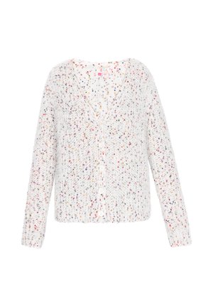 Cardigan blanc avec un col en V et un motif à pois colorés. Possède des manches longues et des boutons sur le devant. Matière douce et texturée.