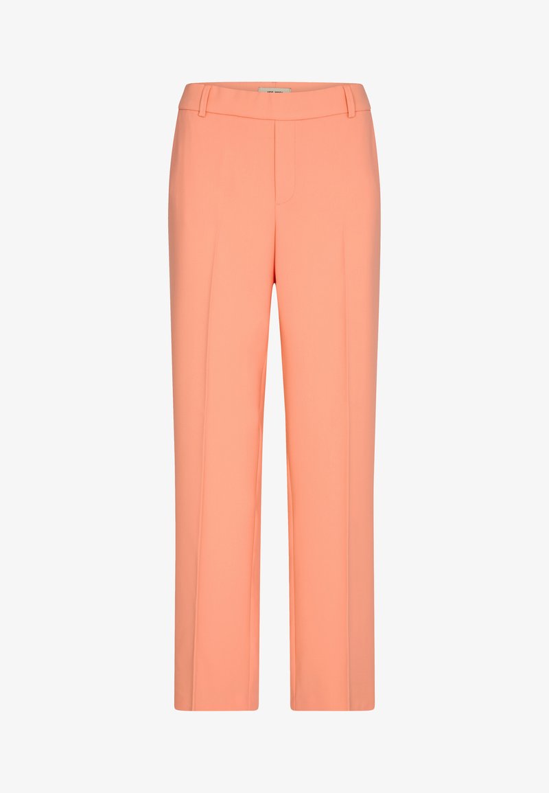 Peach-colored trousers with a tailored design, straight legs, and front pleats. Made from smooth, lightweight fabric. No visible pockets.