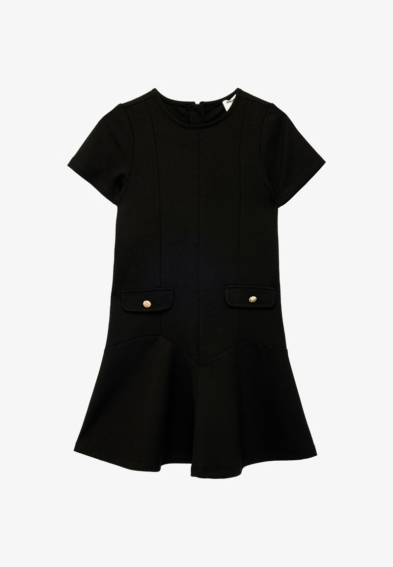 Abito nero a maniche corte con orlo svasato, scollo rotondo, due tasche anteriori con patta e bottoni dorati, chiusura con cerniera sul retro.