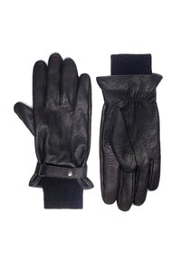 Czarne skórzane rękawiczki z dzianym ściągaczem przy nadgarstku, z marszczonymi i zapiętymi na klamrę detalami zapewniającymi pewne dopasowanie oraz fakturowaną powierzchnią.