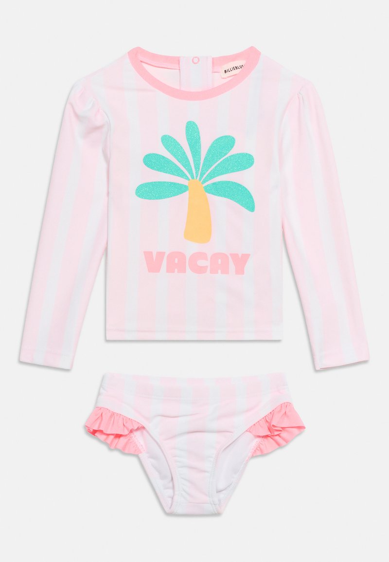 Σετ ολόσωμου μαγιό με ροζ και λευκές ρίγες, μακρύ μανίκι, με λαμπερό σχέδιο φοίνικα και τη λέξη «VACAY» στο πάνω μέρος, και με βολάν στα πλαϊνά των εσώρουχων μπικίνι.
