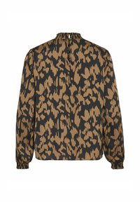 Blouse à imprimé animal marron et noir avec un col froncé et des manches longues à poignet; fabriquée à partir d'un tissu léger et lisse.