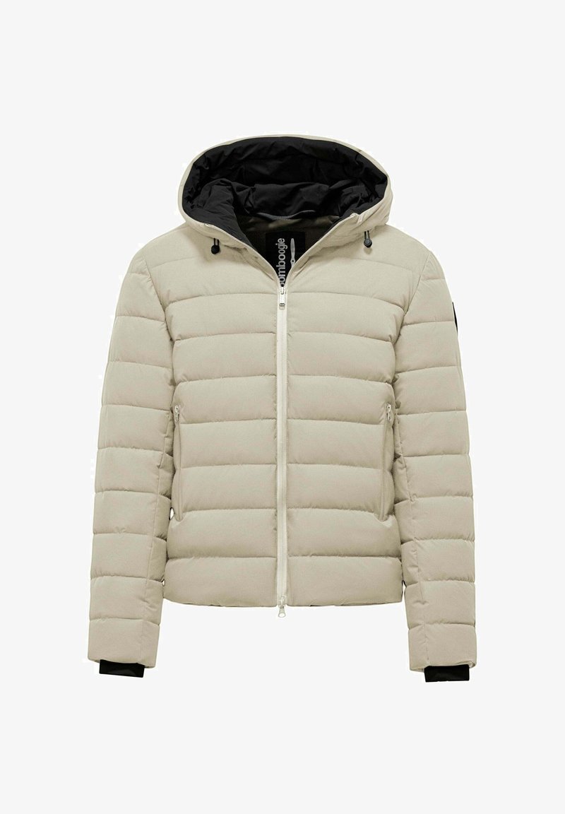Pufferjack in lichtbeige, voorzien van een capuchon, horizontaal gestikte patroon, zwarte binnenvoering, voorrits en zwarte manchetten.