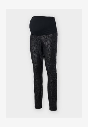 Leggings de maternidade em preto com uma cintura elástica e texturizada. O tecido principal apresenta um padrão discreto de manchas de leopardo pretas. Design ajustado.