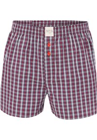 Boxers à carreaux rouges et bleus avec une taille élastique, fermeture frontale à boutons comprenant deux boutons rouges, et une texture en coton doux.
