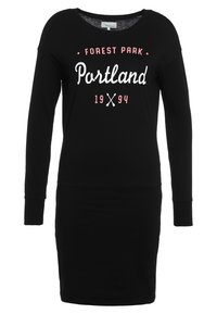 Svart långärmad klänning med rund halsringning. Har vit och rosa text "FOREST PARK Portland 1994" med design av korsade åror. Mjuk tygkvalitet.