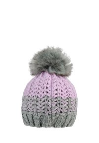 Knit winter hat with gray and pink yarn, featuring a cable pattern and a large gray faux fur pom-pom on top.