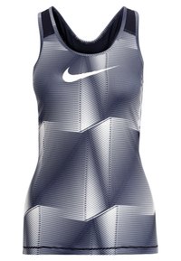 Débardeur de sport bleu marine avec un motif géométrique, fabriqué en tissu léger. Comprend un logo Nike blanc sur le devant.