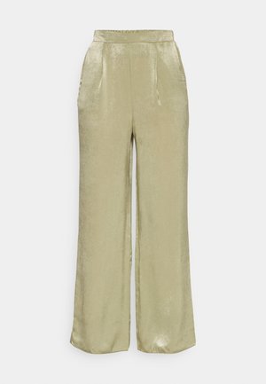 Hellegrüne, weite Hose aus glänzendem Material mit glatter Oberfläche, ausgestattet mit zwei Seitentaschen und einem flachen Bund.