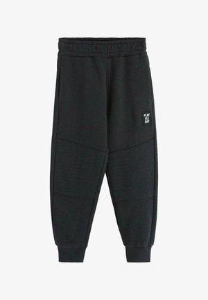 Sorte sweatpants med et struktureret paneldesign, elastisk talje og sidelommer. Har et "PLAY ALL DAY" label foran.