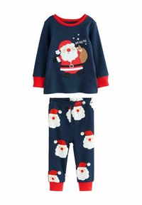 Mørkeblå bomulds pyjamas sæt med en langærmet top med rød kant og grafik af juleskikkelsen Santa, samt matchende bukser med gentaget motiver af Santa's ansigt.