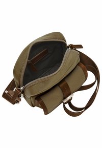 Sac en toile couleur olive avec des accents en cuir marron, fermeture éclair, bandoulière réglable et détails de poche intérieure.