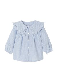 Button-up shirt with ruffled collar, long puff sleeves, blue and white striped pattern, made of lightweight fabric.