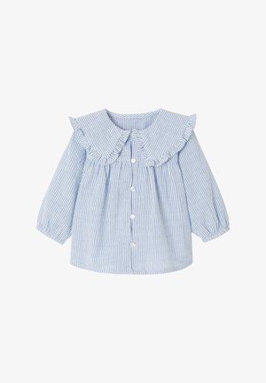 Hemd mit Rüschenkragen, langen Puffärmeln, blau-weiß gestreiftem Muster, aus leichtem Stoff gefertigt.