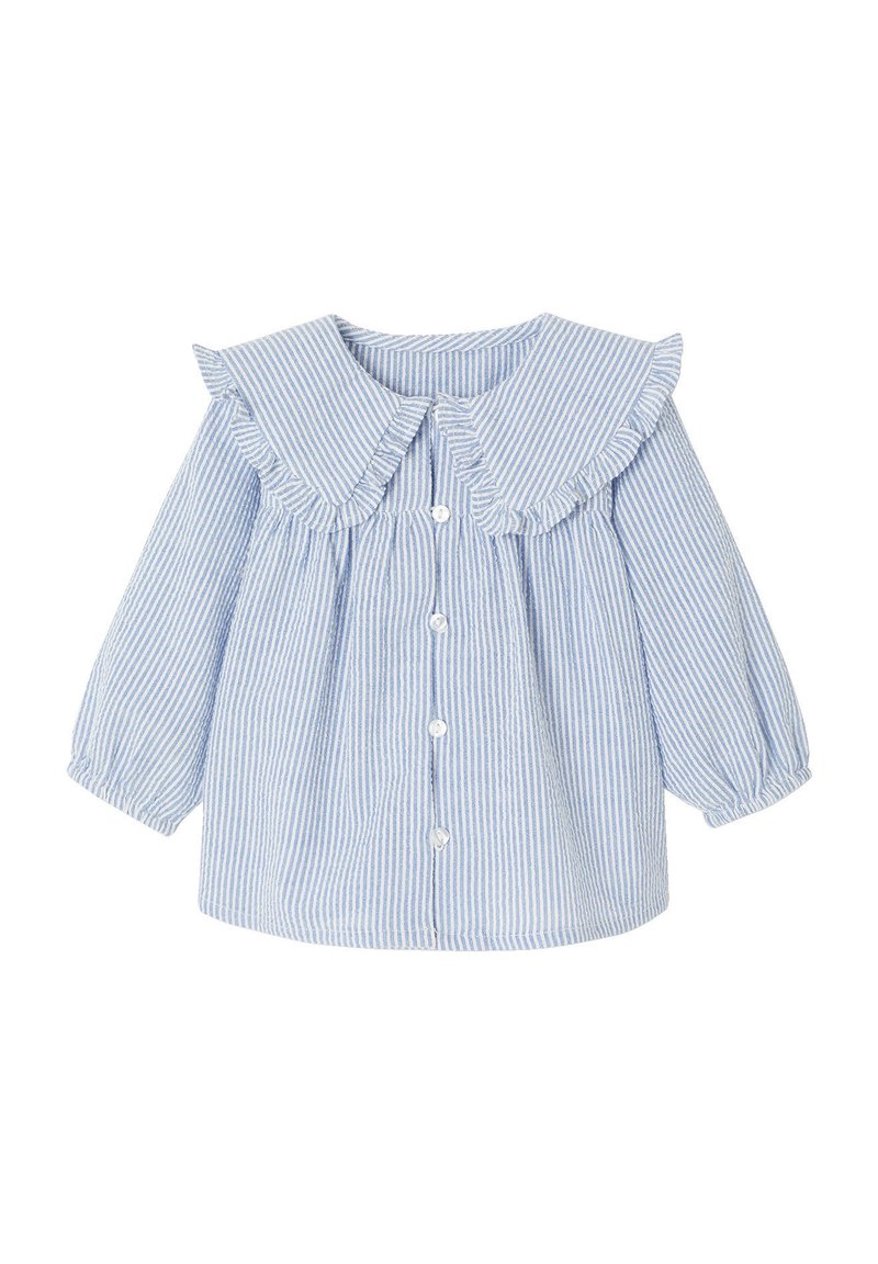 Button-up shirt with ruffled collar, long puff sleeves, blue and white striped pattern, made of lightweight fabric.
