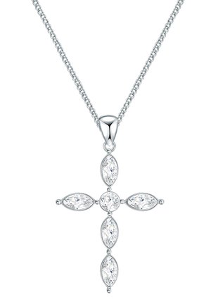 Silbernes Kreuzanhänger mit fünf markanten, klaren Steinen im Marquise-Schliff. Die Kette hat ein gedrehtes Design, das Textur und Eleganz verleiht.