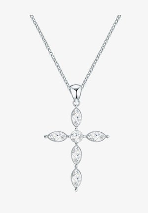 Collana a croce in argento con cinque pietre trasparenti a taglio marquise. La catena presenta un design ritorto, che aggiunge texture ed eleganza.
