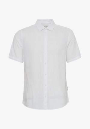 Cămașă albă cu mânecă scurtă din in. Are un guler ascuțit și un închidere cu nasturi în față, precum și un detaliu mic cu logo aproape de margine. Textură netedă.