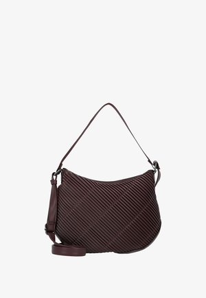 Burgundy leather crossbody bag with diagonal ribbed texture, curved shape, and adjustable strap. Features a zip closure at the top.