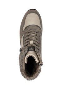 Leren enkellaarsjes in beige en taupe, met een voering van suedine en getextureerde wol, metalen oogjes en een gevoerde kraag.