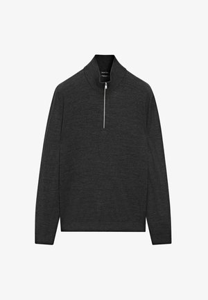 Dark gray pullover sweater with a high collar and a short zipper. Made from soft fabric, it features long sleeves and a relaxed fit.