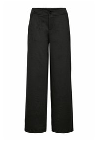 Black wide-leg pants with a smooth texture, elastic waistband, front pockets, and a button closure. Designed for comfort and ease of wear.
