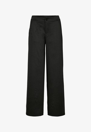 Mustad laiad püksid sujuva tekstuuriga, elastse vöökoha, ees olevate taskutega ja nööbiga sulgemisega. Kujundatud mugavuse ja lihtsa kandmise nimel.