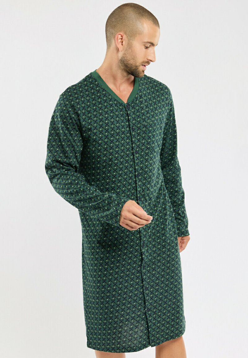 Robe verte à motifs, à manches longues, avec un devant boutonné et un décolleté en V. Présente un imprimé géométrique dans des tons plus foncés de vert.