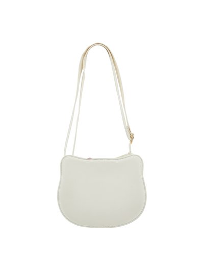 Μικρή κρεμ τσάντα ώμου σε σχήμα κεφαλιού γάτας με μακρύ ρυθμιζόμενο λουράκι και αγκράφα σε χρυσό τόνο.